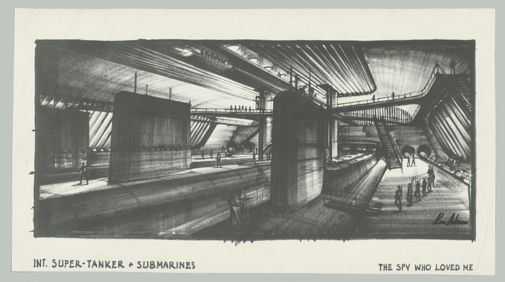 Ken Adam, "Super-Tanker Liparus and Submarines", The Spy Who Loved Me, 1977. © Sir Ken Adam, Deutsche Kinemathek – Ken Adam Archive.