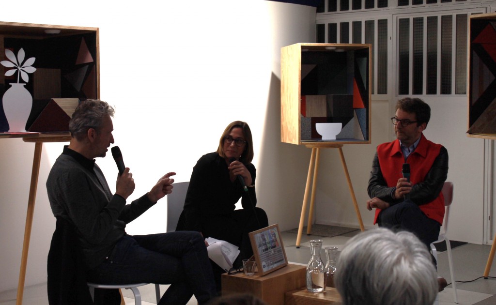 Eric Reinhardt, Emmanuelle Borne and Aldric Beckmann during the first Affinités Créatives Talk, l'Atelier Tarkett © Mathilde Weill