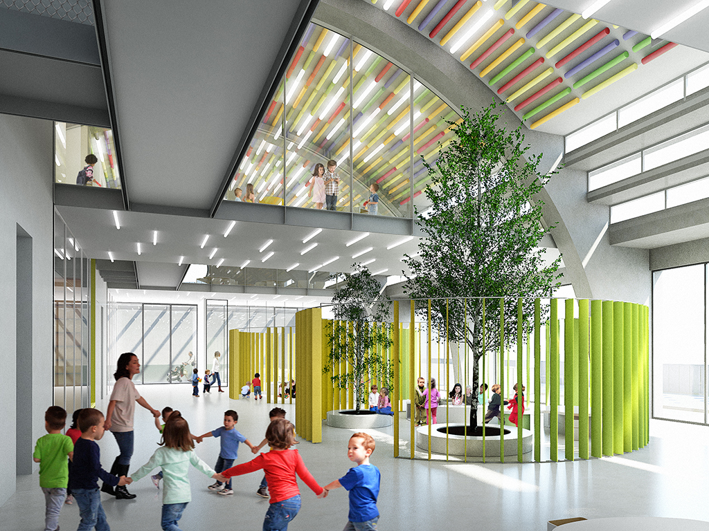 Renovation of a former Garage for hosting a new primary school, 2017, Under construction © Labics