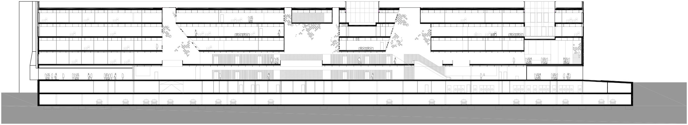 Coupe longitudinale sur couloir central © Mecanoo