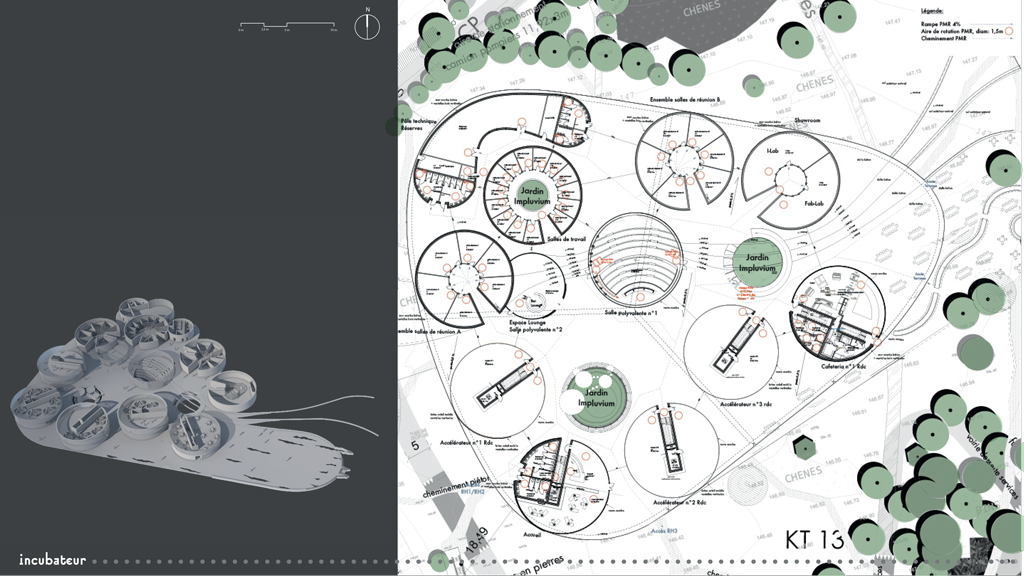 Axonométrie et plan masse de l'incubateur © Corrine Vezzoni et associés