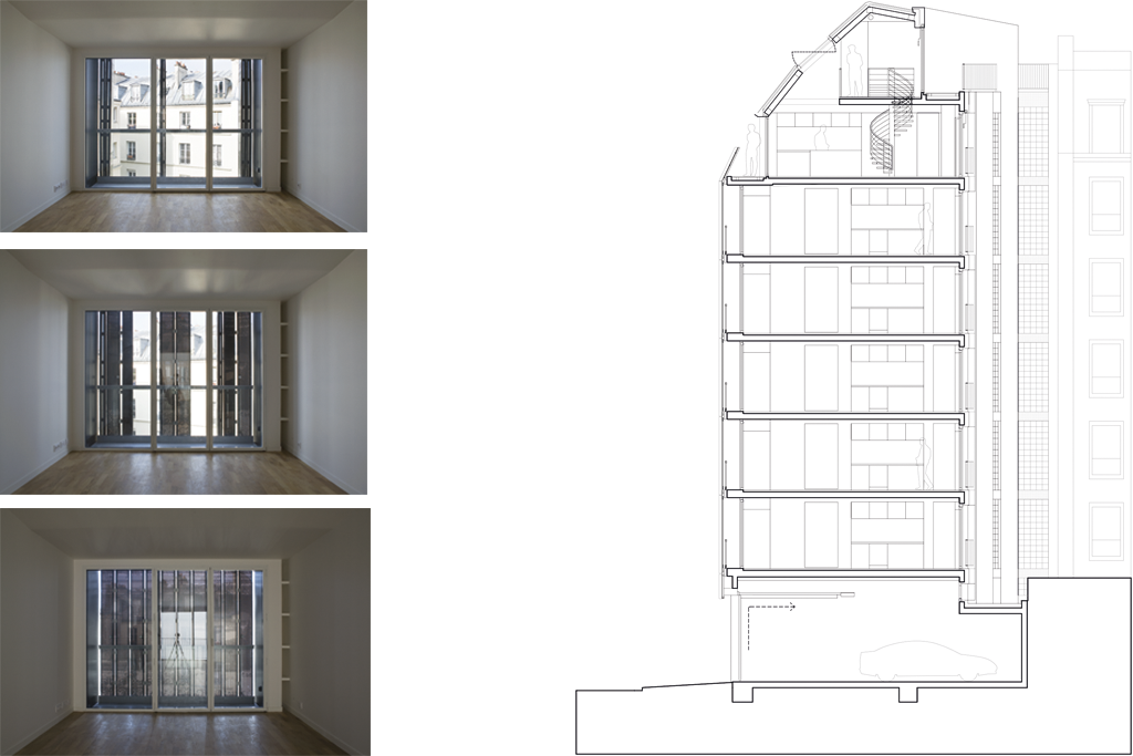 Côté rue, l’immeuble se déforme et se gonfle pour occuper le maximum d’espace afin d’offrir les logements les plus grands possible. Les volets font façade. © Romain Meffre & Yves Marchand © Chartier-Corbasson