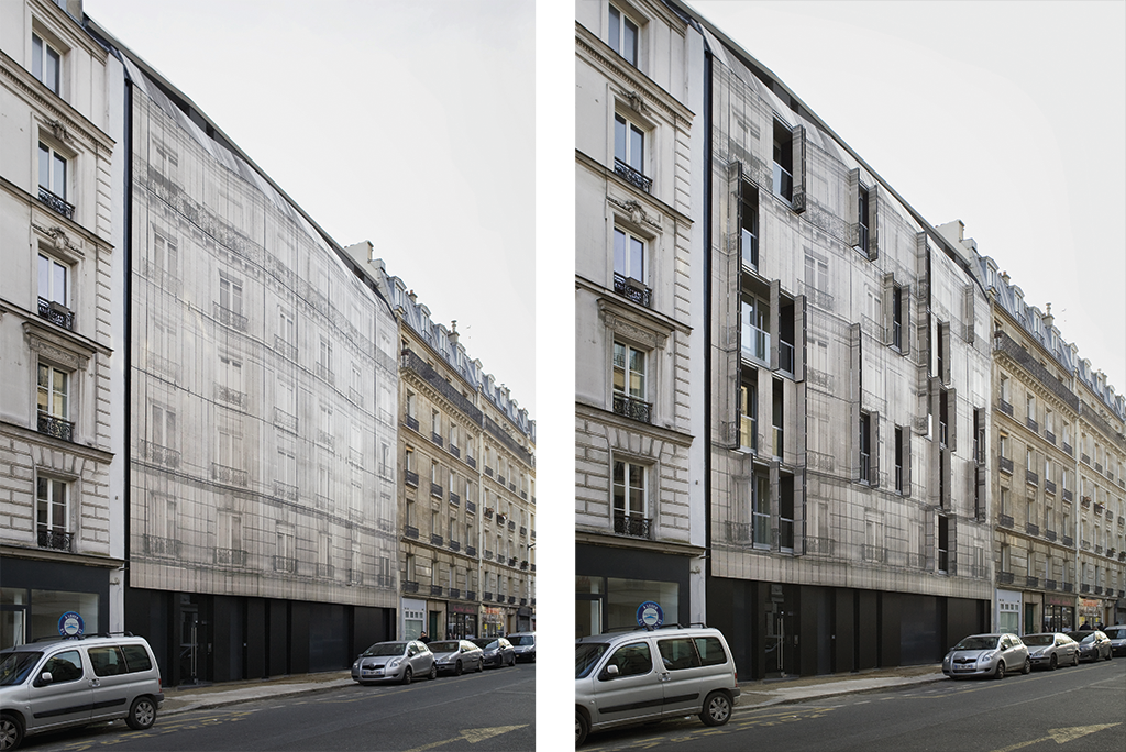 La modélisation informatique a permis d’ajuster à l’échelle 1 l’image à reproduire en fonction des volets et de leurs vissages. L’impression a été effectuée selon une trame de 27 cm. © Romain Meffre & Yves Marchand