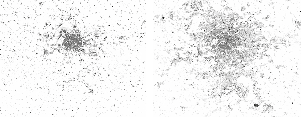 À gauche : L’Île-de-France et ses alentours, emprise bâtie (surfaces au sol occupées par des bâtiments, hors voirie et infrastructure), 264 km2 en 1900. À droite : L’emprise bâtie actuelle, 673 km2 en 2018, soit une augmentation de 155%. © éditions du Pavillon de l’Arsenal