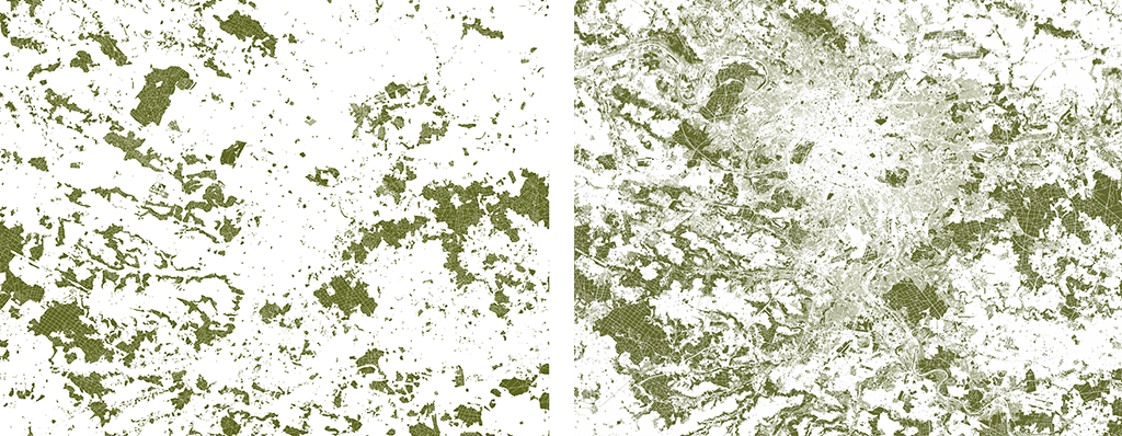 À gauche : L’Île-de-France et ses alentours, emprises de nature (surfaces de pleine terre, hors sols agricoles, voirie et infrastructures), 2 126 km2 en 1900. À droite : L’emprise de nature actuelle, 3 964 km2 en 2018, soit une augmentation de 86%. © éditions du Pavillon de l’Arsenal