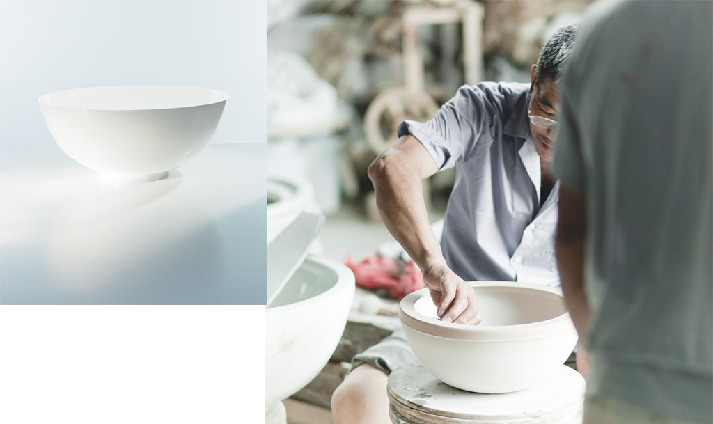 Issue d’une technique millénaire, la porcelaine dite « coquille d’oeuf » a une épaisseur entre 0,5 et 1 mm et réclame une quarantaine d’étapes manuelles. © Shang Xia