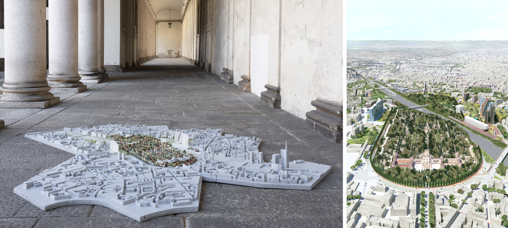 Left : Atelier Kempe Thill Christ Gantenbein Onsite Lola Cundall Tekne, Farini Masterplan, Milan, model © Stefano Graziani |Right : Drawing by Baukuh