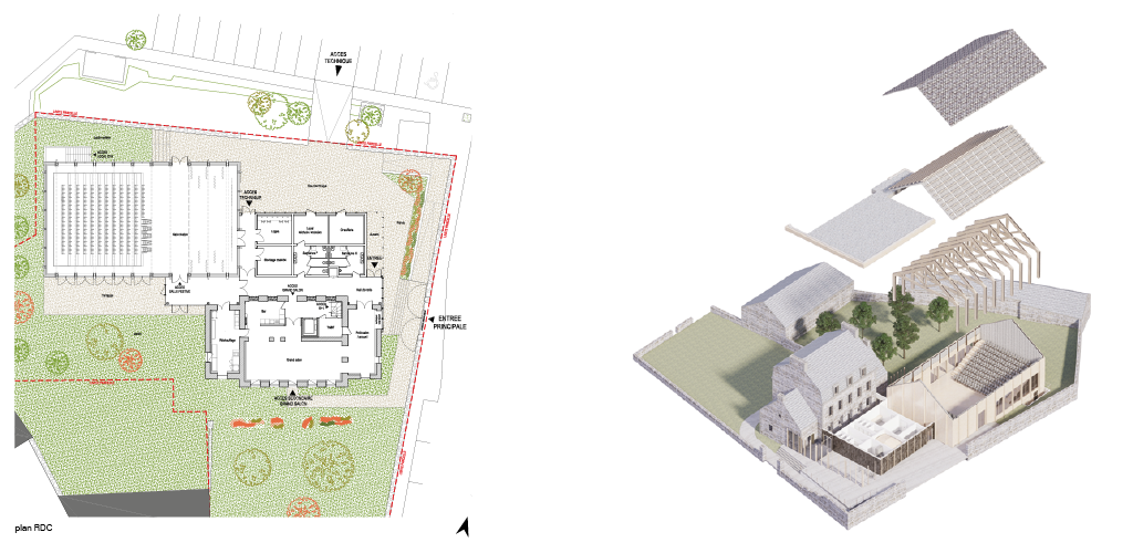 plan du RDC et axonométrie éclatée © Guinée*Potin Architectes