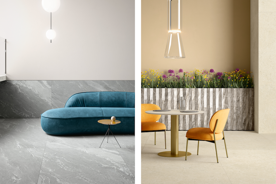 Collection Pietre Maximum, textures Quarzite Vals et Luna Limestone ©Fiandre Architectural Surfaces