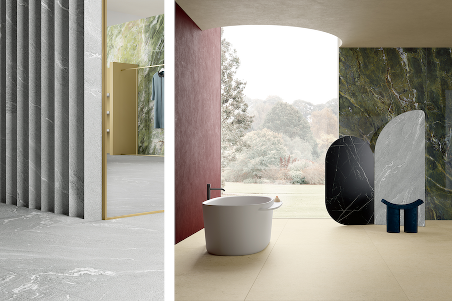 Collection Pietre Maximum, textures Quarzite Vals et Luna Limestone ©Fiandre Architectural Surfaces