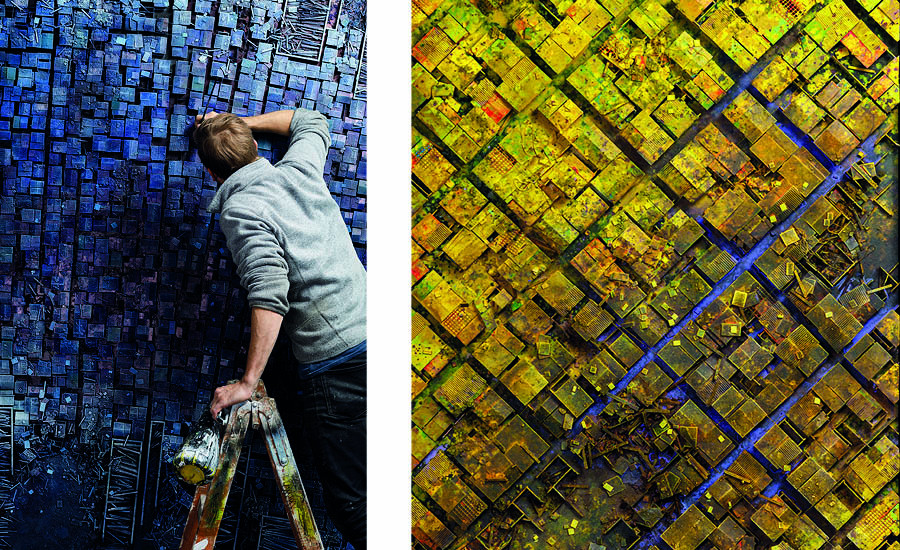 Hendrik CZAKAINSKI mettant la dernière main à son œuvre Triften dans son atelier berlinois, 2020 | Leak 1, 2021, technique mixte, 120 x 75 x 5 cm © Lukas Stiller